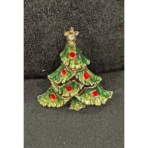 Vintage Enamel Christmas Tree Brooch Green Gold Red Holiday Jewelry CP96